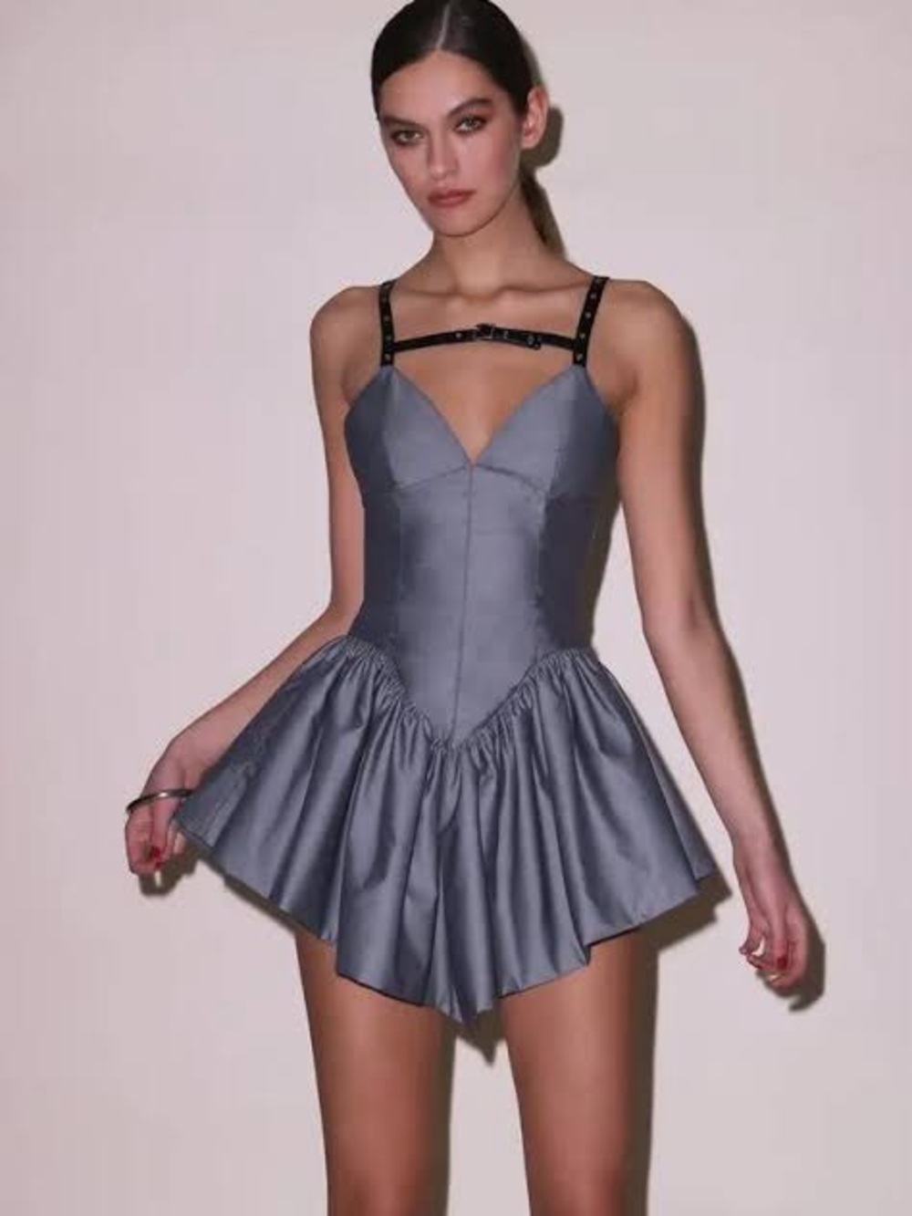 Fleur du Mal “Poppy” Mini Dress with Black Harness in Smoked Pearl